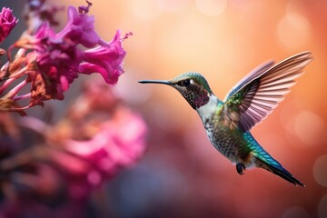 Hummingbird hovering mid-air iridescent feathers catching the sunlight