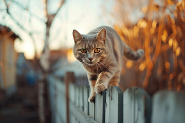 British short haired Cat Walking on Wooden Fence. Generative AI.
