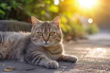 British short haired Cat Relaxing on a Sunny Cobblestone Path During Golden Hour. Generative AI.