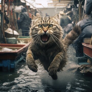 a thief cat running from a fish market, Funny cat photo