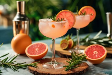 Indulge in a refreshing citrus-infused classic cocktail, adorned with vibrant grapefruit and zesty lemon, served in a delicate stemware and garnished with a sprig of fragrant rosemary