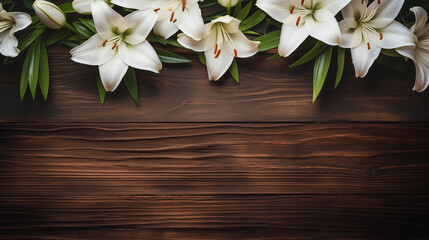 Grief lilies on dark wood surface banner background copy space. Mourning flowers wooden image backdrop empty. Funeral bouquet. Sorrow floral concept composition top view, copyspace