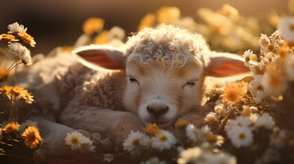 Sleeping lamb flowers meadow background image. Napping sheep animal desktop wallpaper picture....