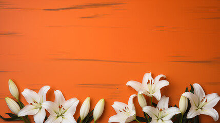 Obraz na płótnie Canvas Easter lilies on vivid orange wood banner background copy space. Blooming white flowers image backdrop empty. Spiritual inspirational concept composition top view, copyspace