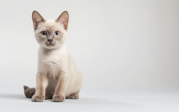 Adorable chocolate point Burmese cat kitten, sitting up facing fronts. Looking towards camera. Isolated on a white background.