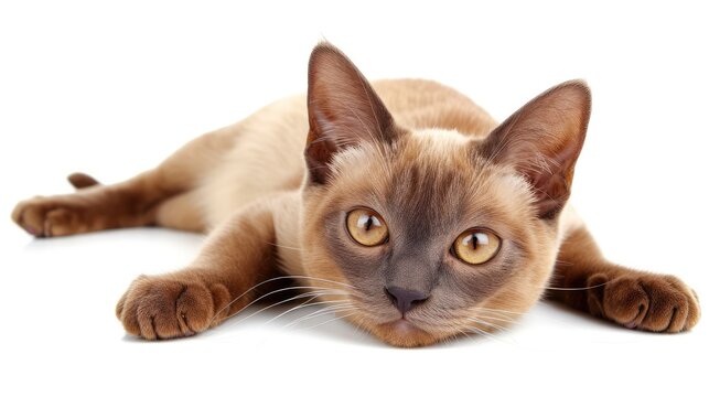 Adorable chocolate point Burmese cat kitten, laying down facing front. Looking towards camera. Isolated on a white background.