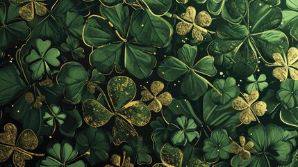 A dense, seamless pattern of green shamrock leaves symbolizing luck and the spirit of St. Patrick's Day. - obrazy, fototapety, plakaty