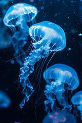 blue jellyfish swimming underwater dark baground pattern