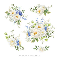 Peony, rose, light blue clematis flowers, green leaves bouquets, white background. Set of the floral arrangements. Vector illustration. Romantic garden. Summer nature. Wedding design