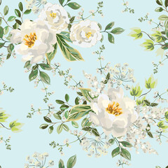 White peony and rose flowers, green leaves, light blue background. Floral illustration. Vector seamless pattern. Botanical design. Nature spring garden plants. Romantic  bouquets