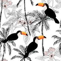 Toucans, palm trees, plumeria flowers, white background. Vector floral seamless pattern. Tropical illustration. Exotic plants, birds. Summer beach design. Paradise nature