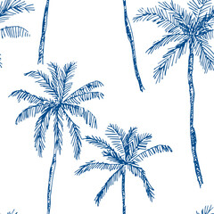 Tropical palm trees on the white background. Vector seamless pattern. Blue and white graphic illustration. Paradise nature. Sketch design