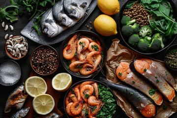 A bountiful spread of fresh seafood, vibrant fruits and vegetables, and zesty citrus slices creates...