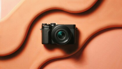 Black digital camera, centered, on a sleek, vibrant peach fuzz textured background