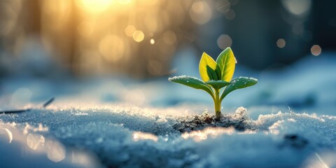 Young green sprout from the ground through white early spring day snow