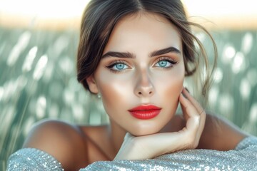 A stunning fashion model captures the essence of feminine beauty, with flawless skin, captivating eyes, and bold lip color, in this striking portrait photo featuring long hair and dramatic eyelash ex