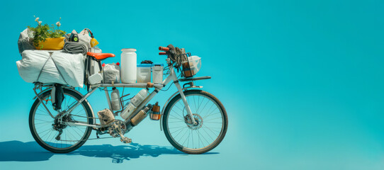 Obraz premium A cargo bicycle with many bags, positive travel concept. AI generative illustration. Space for text. 