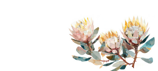  Floral template with space for text. Greeting card with protea flowers. Elegant watercolour illustration. AI generated image, post production.	
