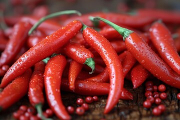 A fiery array of red peppers, ranging from the hot habanero chili to the mild peperoncini, evoke a sense of spice and flavor in this vibrant vegetable dish