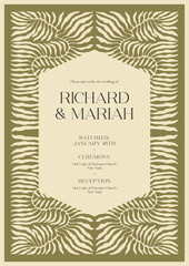 Wedding invitation card template with botanical illustration. Greenery greeting card.
