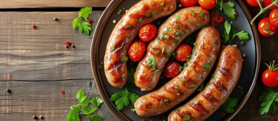 Tasty grilled sausages food menu on plate with red cherry tomatoes. Generated AI image
