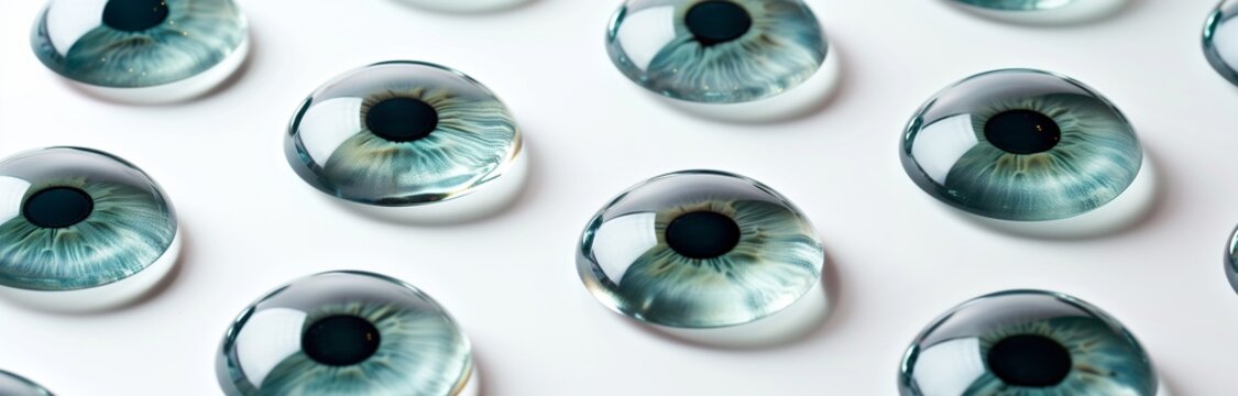 artificial glass eye ball laying on white background