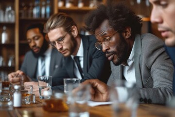 Obraz premium A group of well-dressed men gather around a table, sipping drinks and discussing important matters, their faces serious yet determined
