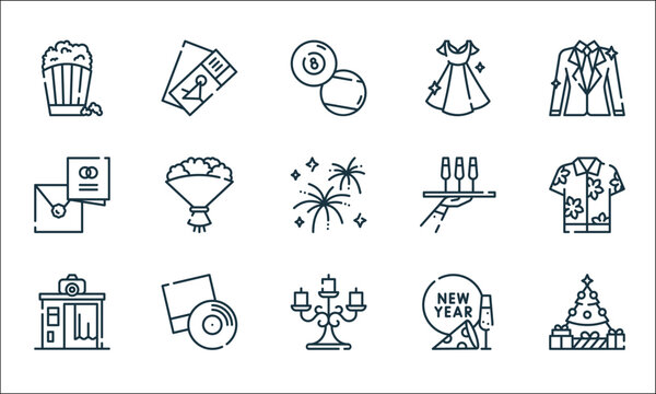 party and celebration line icons. linear set. quality vector line set such as christmas tree, candlestick, photo booth, new year, music, wedding invitation, waiter, dress, party.