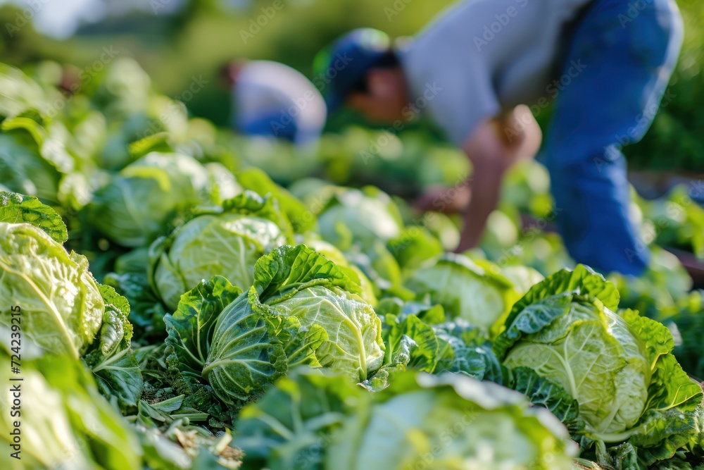 Wall mural A freshly harvested pile of cabbage lies in a field with working farmers in the background. Harvesting and agriculture. Farming and organic vegetables