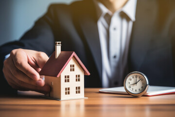 Businessman holding a wooden house and clock. Mortgage, real estate and loan concept. Tax payment....