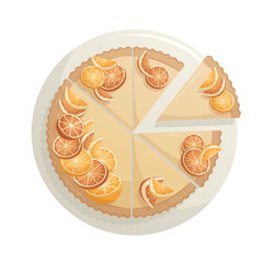 Cut orange tart pie with tangerine and lemon slices. Baking, bakery shop, cooking, sweet food, dessert, pastry concept. Vector illustration for poster, banner, cover, card, postcard, menu.
