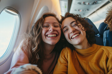 a married couple take a selfie on their wedding trip on the plane.