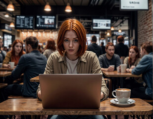 Obraz na płótnie Canvas woman smiling and sitting at a table with a laptop and a cup of coffee. She is focused on her work. There are other people in the background, engaged in their own activities.