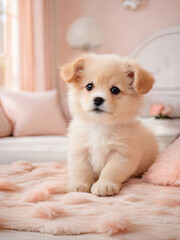 Lovely puppy in cozy room interior.
