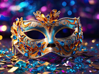 Colorful carnival mask close up. Traditional festive costume attribute.