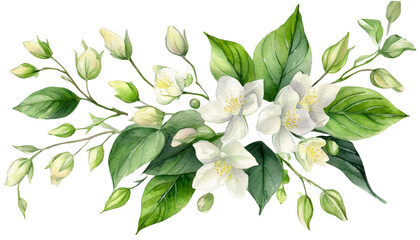 watercolor  jasmine flowers clipart - obrazy, fototapety, plakaty