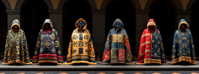Ethereal Elegance: a Cascading Tapestry of Hooded Ponchos Adorning a Shelf