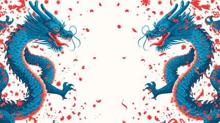 Obraz premium Vector double chinese dragon with confetti white background