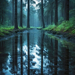 Tranquil lake and forest reflected on water.