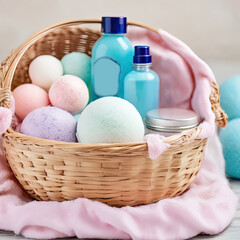 Obraz na płótnie Canvas Cosmetic and bath supplies on colorful soft background.