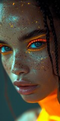 a latina cyberpunk equipped woman with freckles and drops of water on her face