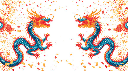 Vector double chinese dragon with confetti white background