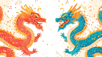 Vector double chinese dragon with confetti white background