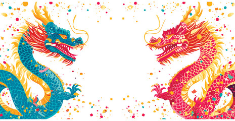 Vector double chinese dragon with confetti white background