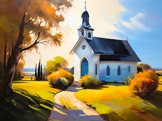 Scenic landscape with church in the forest. Oil painting. - obrazy, fototapety, plakaty