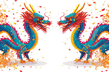 Vector double chinese dragon with confetti white background