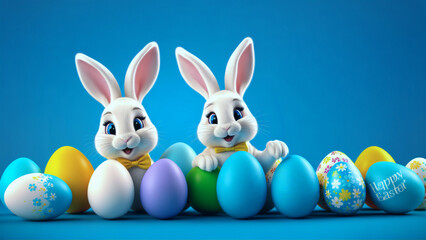 A couple of rabbits are perched on top of colorful easter eggs