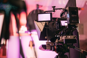 Professional cinema and video camera on the set. Shooting shift, lighting fixtures, shooting...