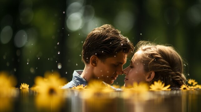 Generative AI image of summer love, a young man and a woman are about to kiss in a green forest in the summer