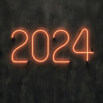 Generative AI image of black background with trendy peach neon letters sign ''2024'', glowing